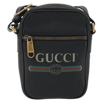 Gucci Logo Zip Messenger Printed Leather Black Leather Handbag (Pre-Owned)