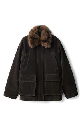 Mango Velvet Finish Coat with Removable Faux-Fur Collar in Chocolate at Nordstrom Rack, Size Large