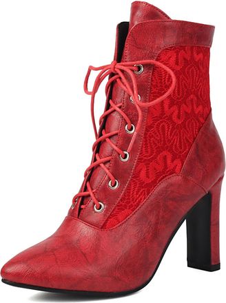 Generic Womens Pointed Toe PU Leather Short Boots Chunky High Heel Retro Dress Booties Lace Up Ankle Boots,Red,5.5 UK
