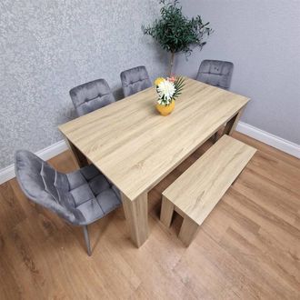 Kosy Koala Oak Effect Dining Table With 4 Grey Velvet Chairs & Bench Dining Room Furniture in Brown