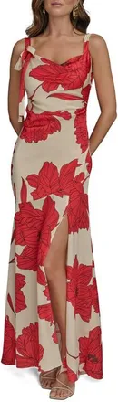 DKNY Floral Cowl Neck Satin Gown in Sahara Red at Nordstrom, Size 14