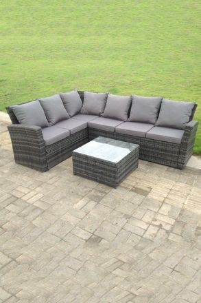 Fimous High back mixed outdoor corner rattan sofa set square coffee table in Dark Grey