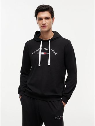 Tommy Hilfiger Mens Hilfiger Logo Pique Sleep Hoodie - Black - XL