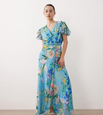 Hope & Ivy Petite Hope & Ivy Plus - Vestito lungo avvolgente con maniche con volant blu a fiori con dettagli dorati