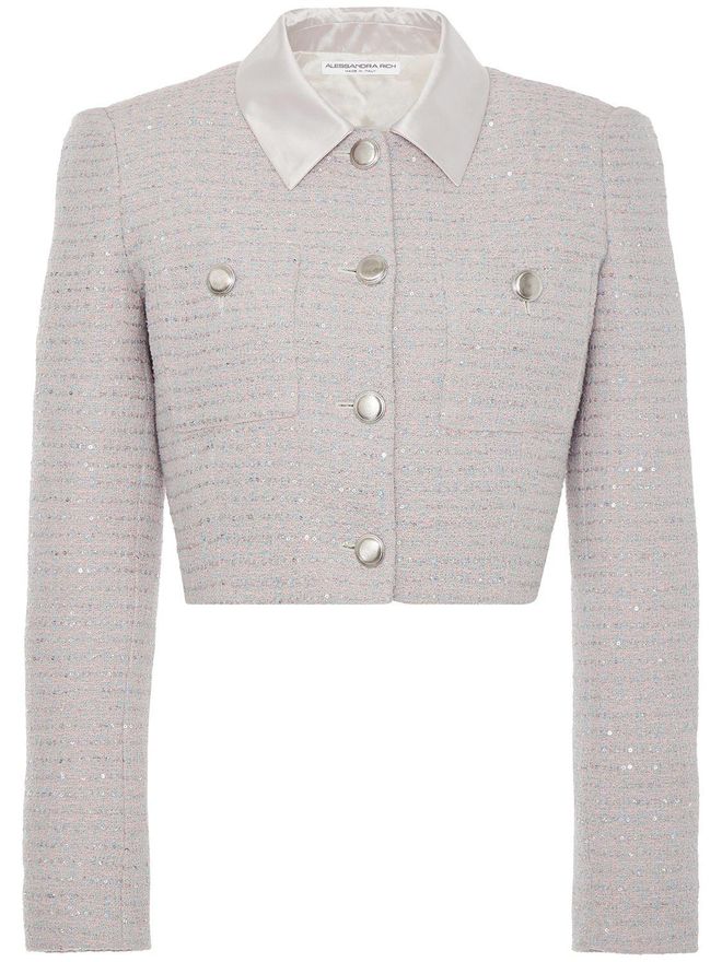 【Alessandra Rich】メタリックツイード croppedジャケット Alessandra Rich Checked Tweed Cropped Jacket w/ Pearl