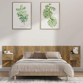 vidaXL Cabecero De Cama Y Mesitas Madera Contrachapada Roble Ahumado Vidaxl