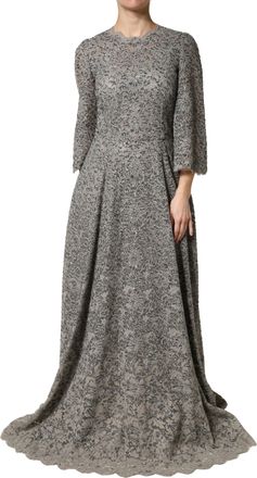 Dolce & Gabbana Gray Lace Long Sleeves Cotton Maxi Womens Dress