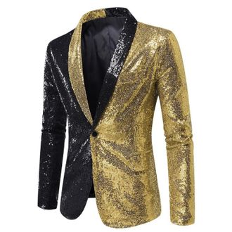 Generic Mens Sequin Blazer Glitter Sparkly Color Block Sport Coat Wedding Cocktail Party Formal Slim Fit Suit Jacket Gold