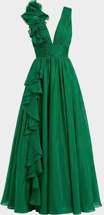 Mac Duggal Sleeveless Deep V-Neck Ruffle Gown