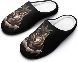Generic Hunting Wolf Fashion Cotton Slippers for Women Memory Foam House Slippers Non-Slip House Bedroom Shoes