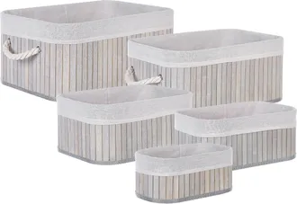 Beliani Conjunto De 5 Cestas De Madera De Bamb&uacute; Gris Blanco Asas Varios Tama&ntilde;os Talpe