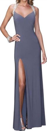 La Femme Embroidered Halter Dress In Grey