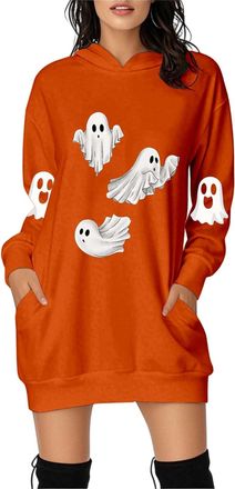 Generic Womens Hoodie Dresses Halloween Pumpkin Trendy Pullover Hoodies Dress Witch Bloodstained Oversized Zombie Scary Fleece Sweatshirt Ghost Holiday with P