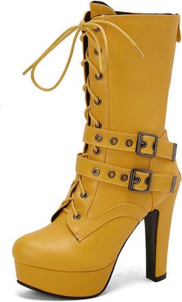 Generic Womens Platform Heel Biker Boots with Lace-Up & Double Buckle Straps for Casual & Night Out Wear,Yellow,1.5 UK