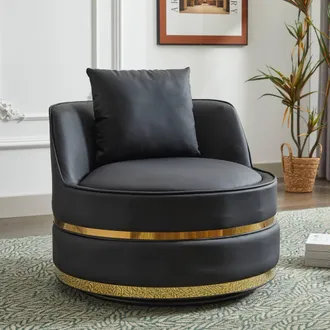 Matteo Black Modern 360&deg; Swivel Barrel Accent Chair with Gold Trim