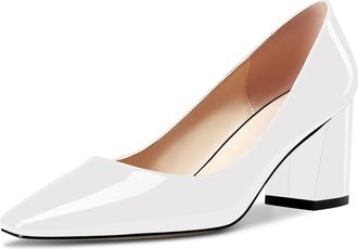 Castamere Women Chunky Block Mid Heel Square Toe Slip-on Pumps Court Shoe Classic Office Dress 6.5 CM Heels Shoes White 10.5 UK