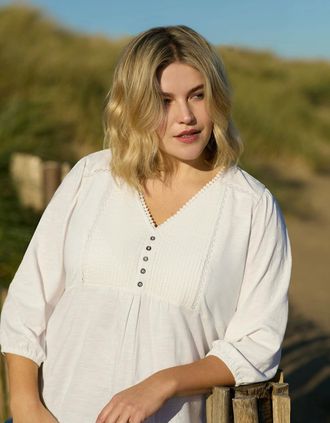 Live Unlimited London Womens Ivory Cotton Slub Pintuck Tunic - White - Size: 14