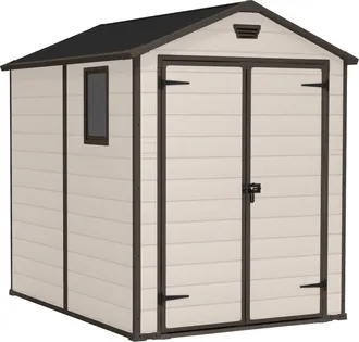Keter Manor 6x8 - Caseta De Jard&iacute;n 185,80x227x236,80 Cm 2 Puertas Para Almacenamiento De Herramientas Acabado Efecto Madera Rayada En Resina Beige