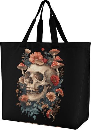 Generic Skull with Mushrooms Flowers Large Reusable Shopping Bag Lightweight Foldable Tote Bags Washable Shoulder Handbag
