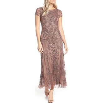 Pisarro Nights Beaded Mesh Midi Cocktail Dress in Mauve at Nordstrom Rack, Size 16