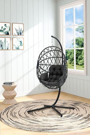 H&O Direct Outdoor Woven Hanging Chair with Stand & Cushion in Dark Grey