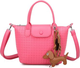 Generic Womens Woven Textured Grab Bag with Detachable Dog Charm, Adjustable Crossbody Strap, Silver Hardware, Black (Rose)