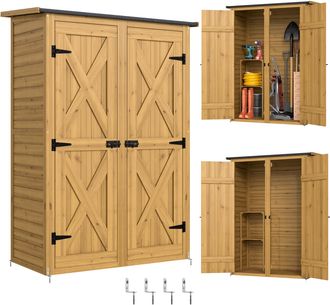 OUTSUNNY Caseta De Jard&iacute;n De Madera 115x53x156 Cm, Armario Exterior Para Herramientas Con Puertas Dobles Con Pestillo, 2 Estantes, Marr&oacute;n