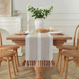 No Brand Camino De Mesa, Estilo Bohemio, Color Crema, Estilo R&uacute;stico, Con Borlas, Lavable, Ideal Para Fiestas, Cumplea&ntilde;os Y Decoraci&oacute;n De Bodas, Color Marr&oacute;n, 