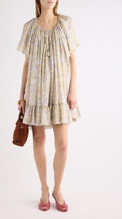 Chlo&eacute; Painted Flowers Gathered Silk Charmeuse Dress in Multicolor Purple 1 at Nordstrom, Size 34