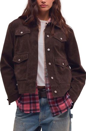 Free People Night Ranch Faux Suede Trucker Jacket in Chocolate Tarte at Nordstrom, Size X-Large
