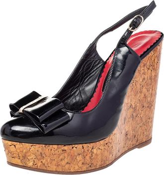 Carolina Herrera Black Leather Bow Wedge Sandals