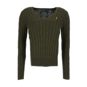Polo Ralph Lauren Cable-Knit V-Neck Pullover - Dames - V-hals truien - Groen - S - Katoen - Truien & Vesten