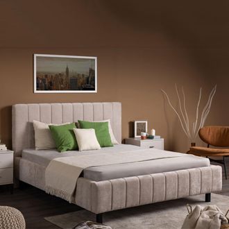 Dmora Cama Matrimonial Exmouth, Dimensiones Colch&oacute;n 160x200 Cm, Cabecera Y Borde Acolchados, Beige