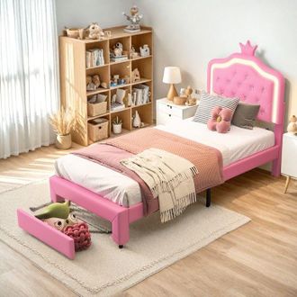 OEM Cama Para Ni&ntilde;a 90x200 Cm Rosa, Cama Princesa Con Corona Luminoso Led, Caj&oacute;n Con Ruedas De Almacenamiento, Cuero Pu, Dise&ntilde;o M&aacute;gico Para Ni&ntilde;a