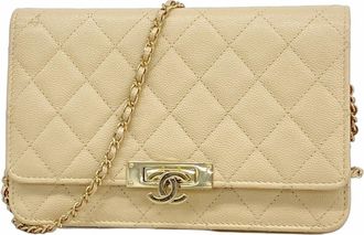 Chanel Beige Grained Calfskin Chain/Shoulder Wallet (Pre-Owned)