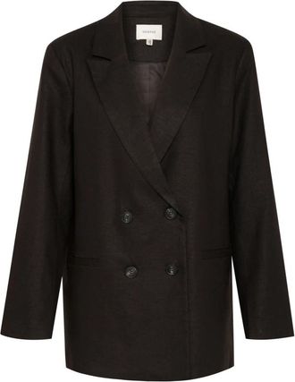 Gestuz Zwarte Linnen Blazer met V-Hals - Dames - Blazers - Zwart - S - Linnen - Jassen