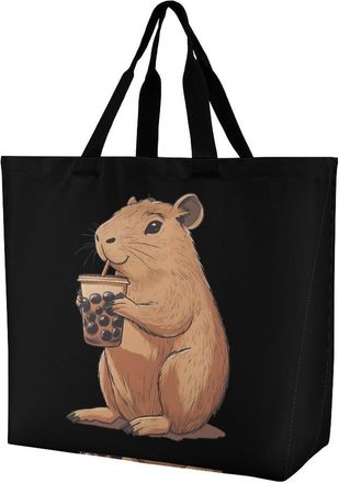 Generic Capybara Enjoying Bubble Tea Reusable Shopping Bags Large Capacity Grocery Bag Heavy Duty Tote for Women 40x40x16cm