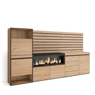 Skraut Home Zapatero efecto madera roble 274x35x145cm chimenea efecto fuego