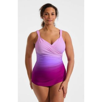 Lands End SlenderSuit V-Neck Skirted Low Leg One Piece in Crimson Rose/purple Ombre at Nordstrom, Size 18W