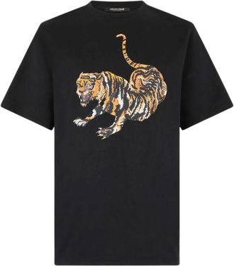 Roberto Cavalli Tijgerprint Katoenen Crew-neck T-shirt - Heren - T-shirts - Zwart - XL - Katoen - Tops