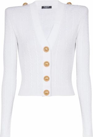 Balmain Lange mouwen kabelgebreide cardigan - Dames - Vesten - Wit - M - Leer - Truien & Vesten
