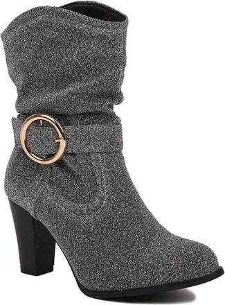 Generic Womens Mid Calf Boots with Glitter Buckle Strap Chunky Block Heels Round Toe Suede Ankle Boots for Party Evening Daily Wear Black Purple Grey,Silver,3