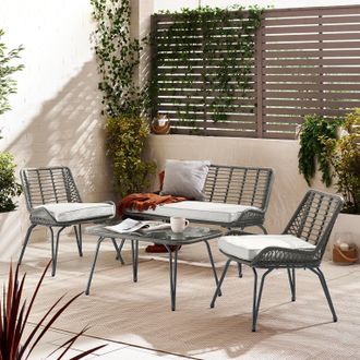 Furniturebox Lisbon Wicker Style Rattan Outdoor Garden Sofa & Chair Set, PE Rattan & Cushions, Garden Conversation Set in Grey