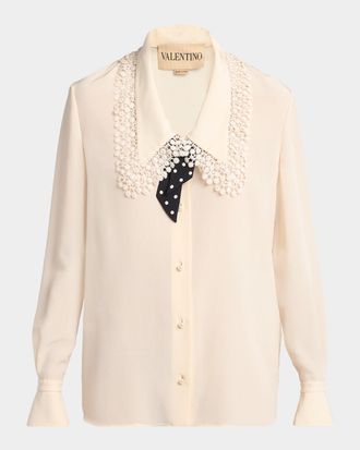 Valentino Garavani Lace-Trim Button-Down Silk Blouse With Polkadot Tie