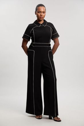 Karen Millen Womens Plus Size Compact Stretch Contrast Tipped Tab Detail Tailored Jumpsuit - Black - Size 18 UK
