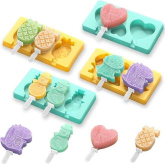 OEM Moldes Helados Infantiles Estampado Dibujos Animados, 4 Moldes Silicona Palitos Revestimiento Antiadherente Base Plana Desmoldar F&aacute;cilmente