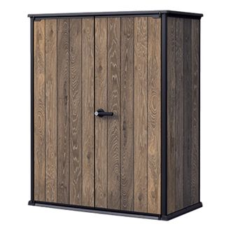 Dmora Armario Exterior Langdon, Mueble De Jard&iacute;n Con Cajones, 2 Estantes, Puertas Batientes, 140x74x170h Cm Marr&oacute;n Nogal