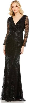 Mac Duggal Embellished Faux Wrap Long Sleeve Gown In Black