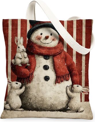 Generic Vintage Snow Man Canvas Tote Bags, Fanciful Rabbit Pattern Reusable Grocery Bags, Lightweight Washable Shoulder Strap Canvas for Shopping Travel 13x15