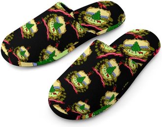 Generic Vermont State Flag Flannel Mens Slip-on Slippers Winter Warm House Shoes with Rubber Sole for Home Hotel